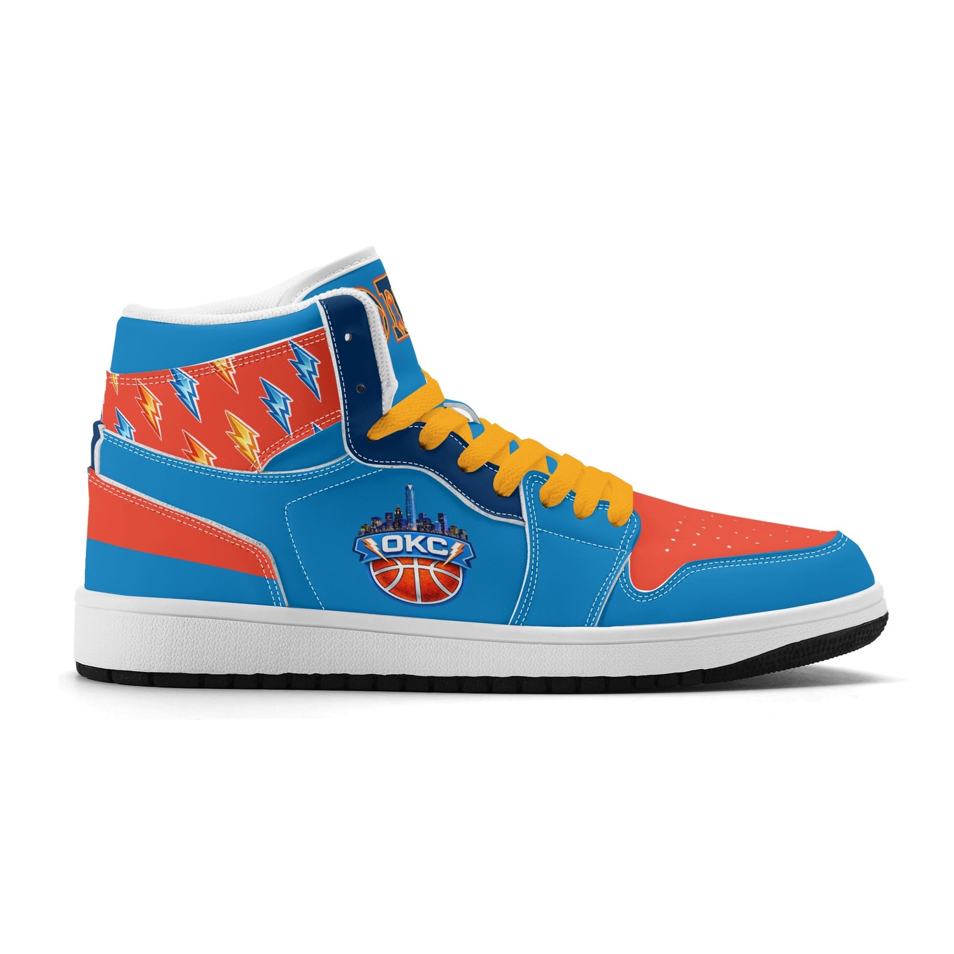 Oklahoma City basketball-inspired high top sneakers in blue with all-over city graphic printed upper