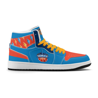 Oklahoma City basketball-inspired high top sneakers in blue with all-over city graphic printed upper