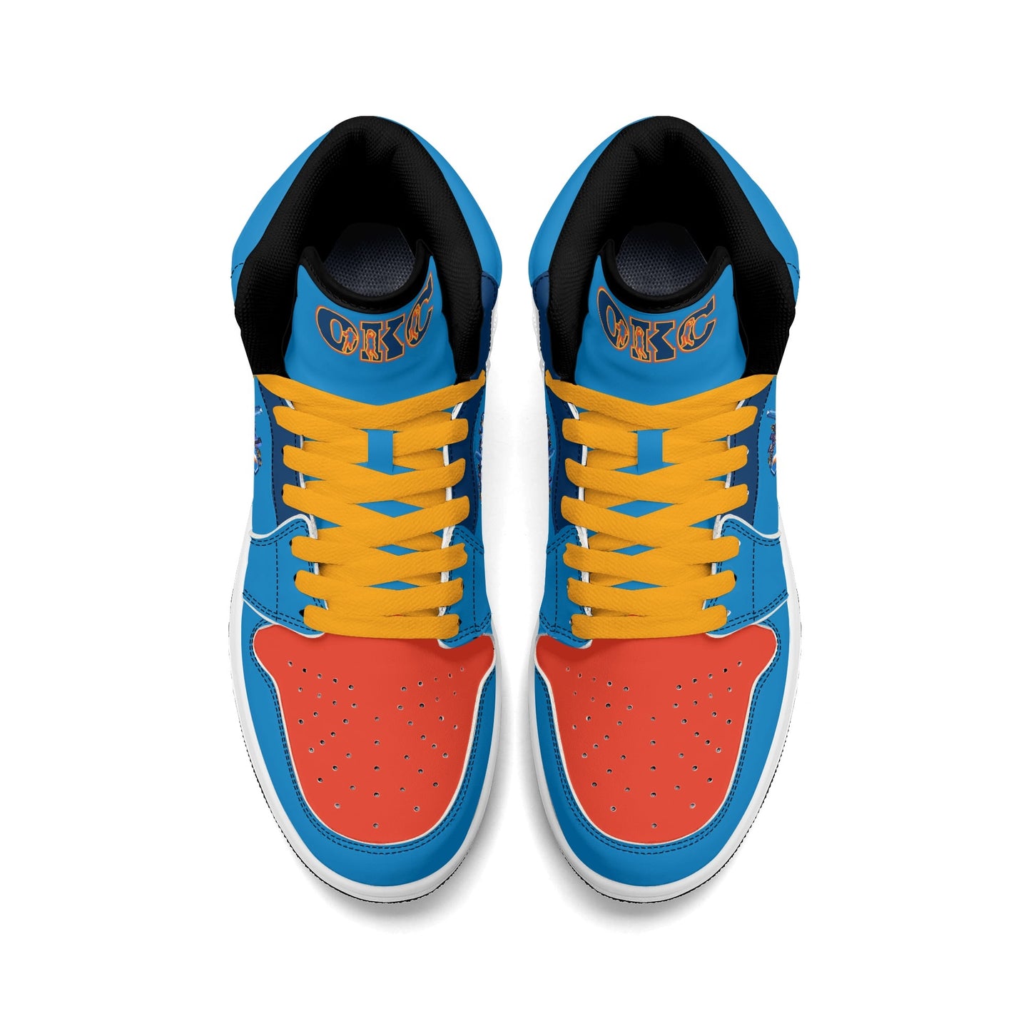 Oklahoma City basketball-inspired high top sneakers in blue with all-over city graphic printed upper