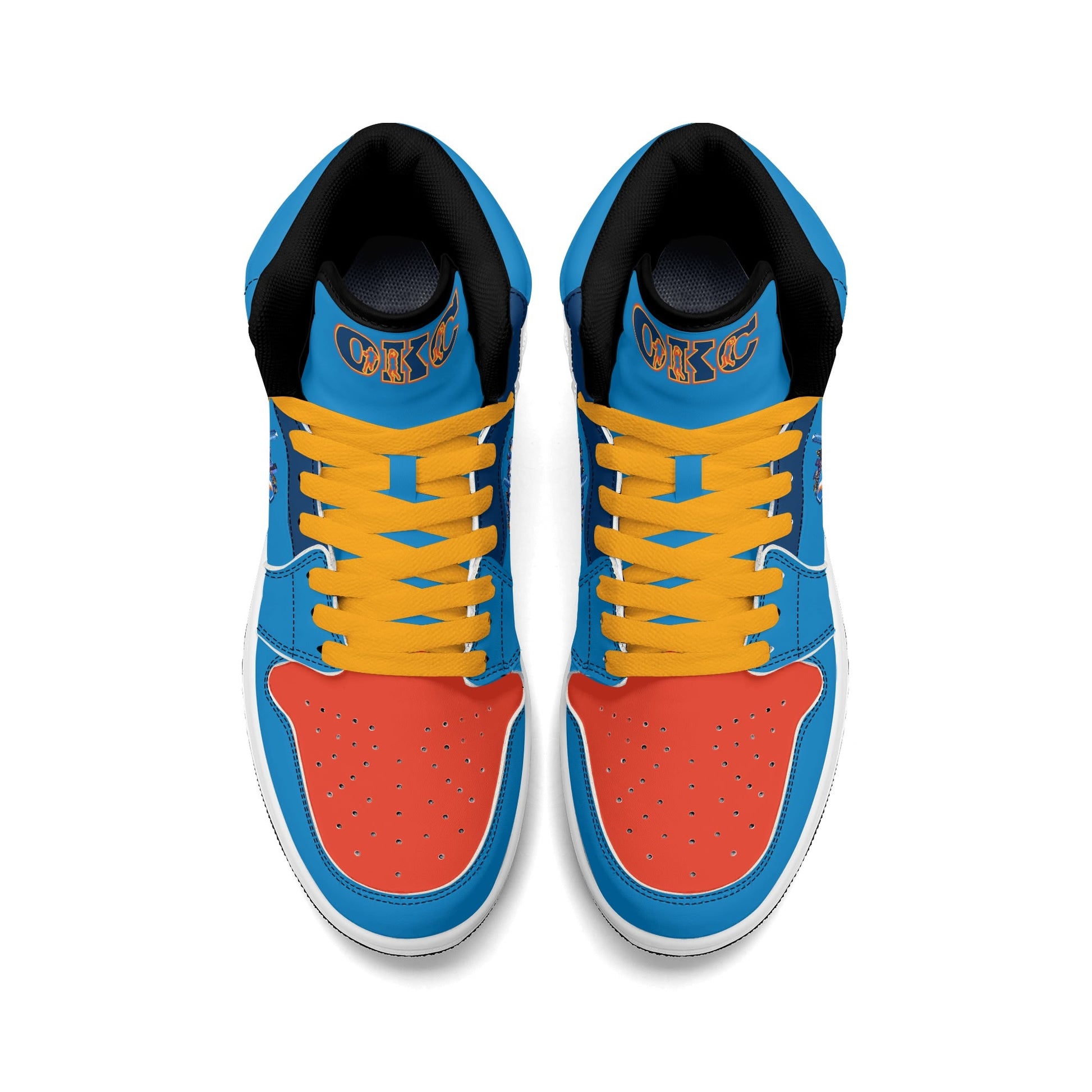 Oklahoma City basketball-inspired high top sneakers in blue with all-over city graphic printed upper