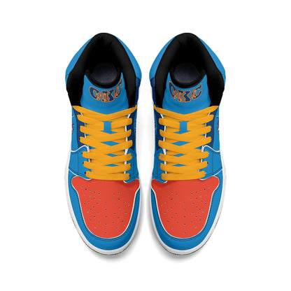 Oklahoma City basketball-inspired high top sneakers in blue with all-over city graphic printed upper