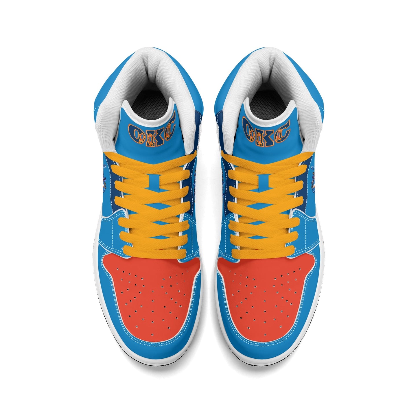 Oklahoma City basketball-inspired high top sneakers in blue with all-over city graphic printed upper