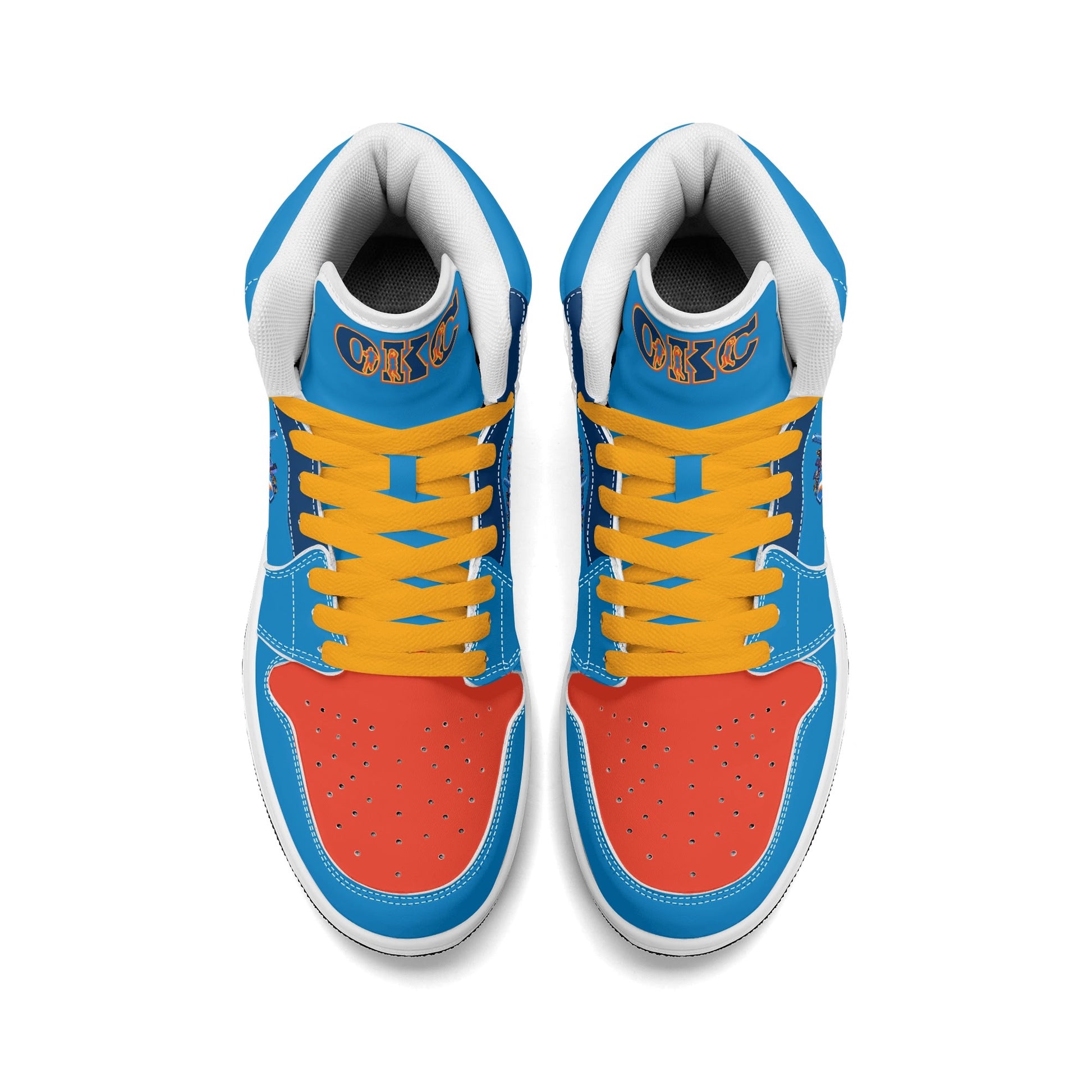 Oklahoma City basketball-inspired high top sneakers in blue with all-over city graphic printed upper