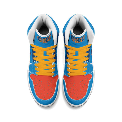 Oklahoma City basketball-inspired high top sneakers in blue with all-over city graphic printed upper