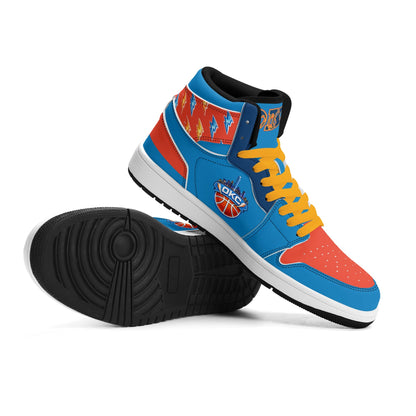 Oklahoma City basketball-inspired high top sneakers in blue with all-over city graphic printed upper