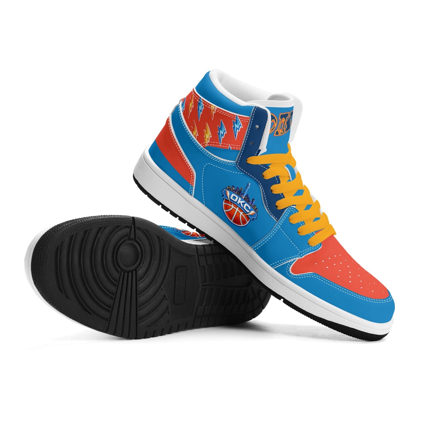Oklahoma City basketball-inspired high top sneakers in blue with all-over city graphic printed upper