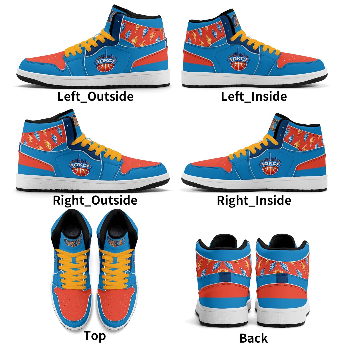 Oklahoma City basketball-inspired high top sneakers in blue with all-over city graphic printed upper
