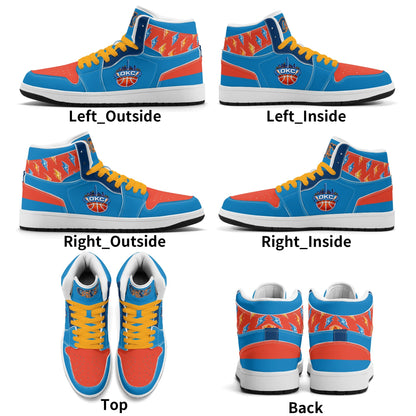 Oklahoma City basketball-inspired high top sneakers in blue with all-over city graphic printed upper