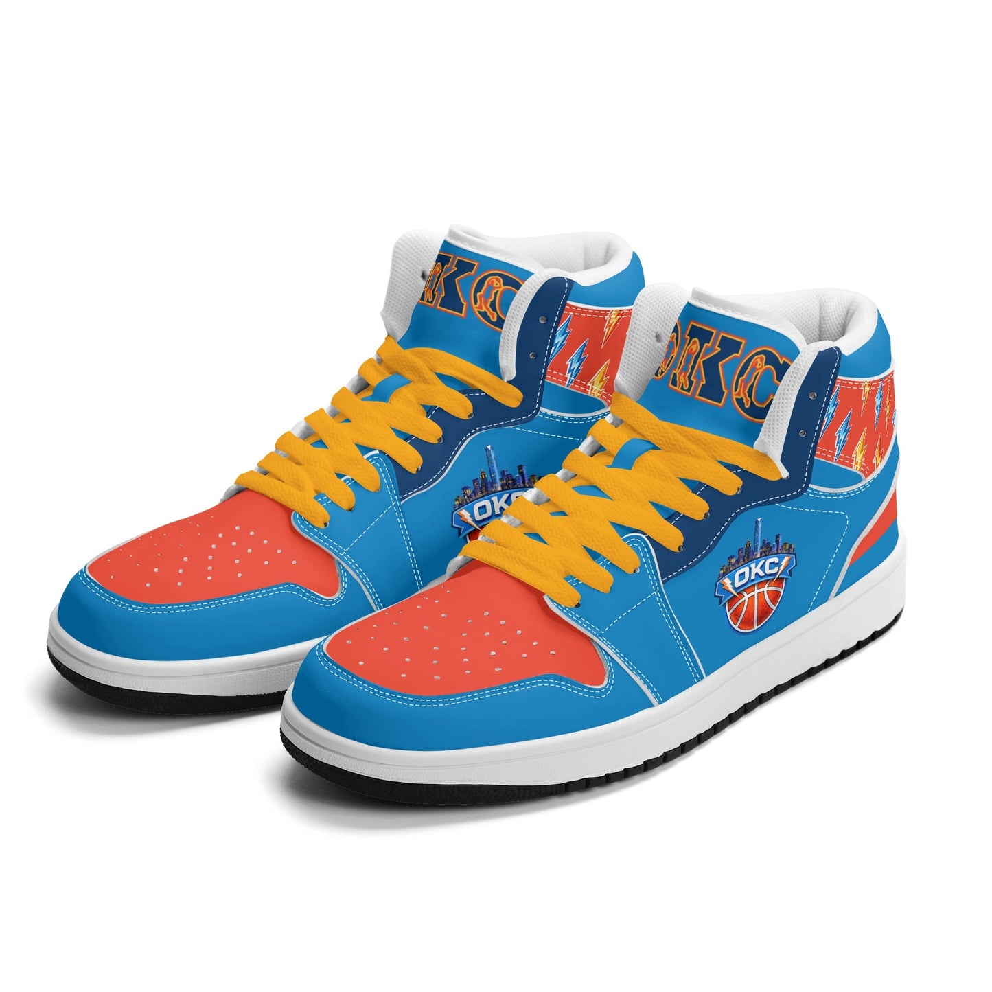 Oklahoma City basketball-inspired high top sneakers in blue with all-over city graphic printed upper