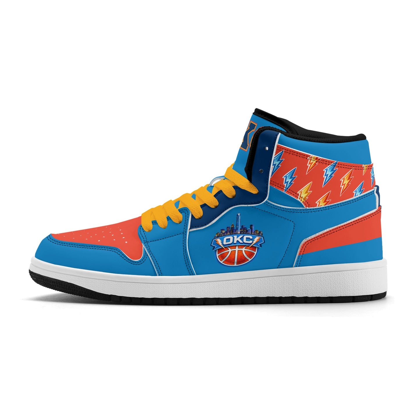 Oklahoma City basketball-inspired high top sneakers in blue with all-over city graphic printed upper