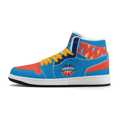 Oklahoma City basketball-inspired high top sneakers in blue with all-over city graphic printed upper