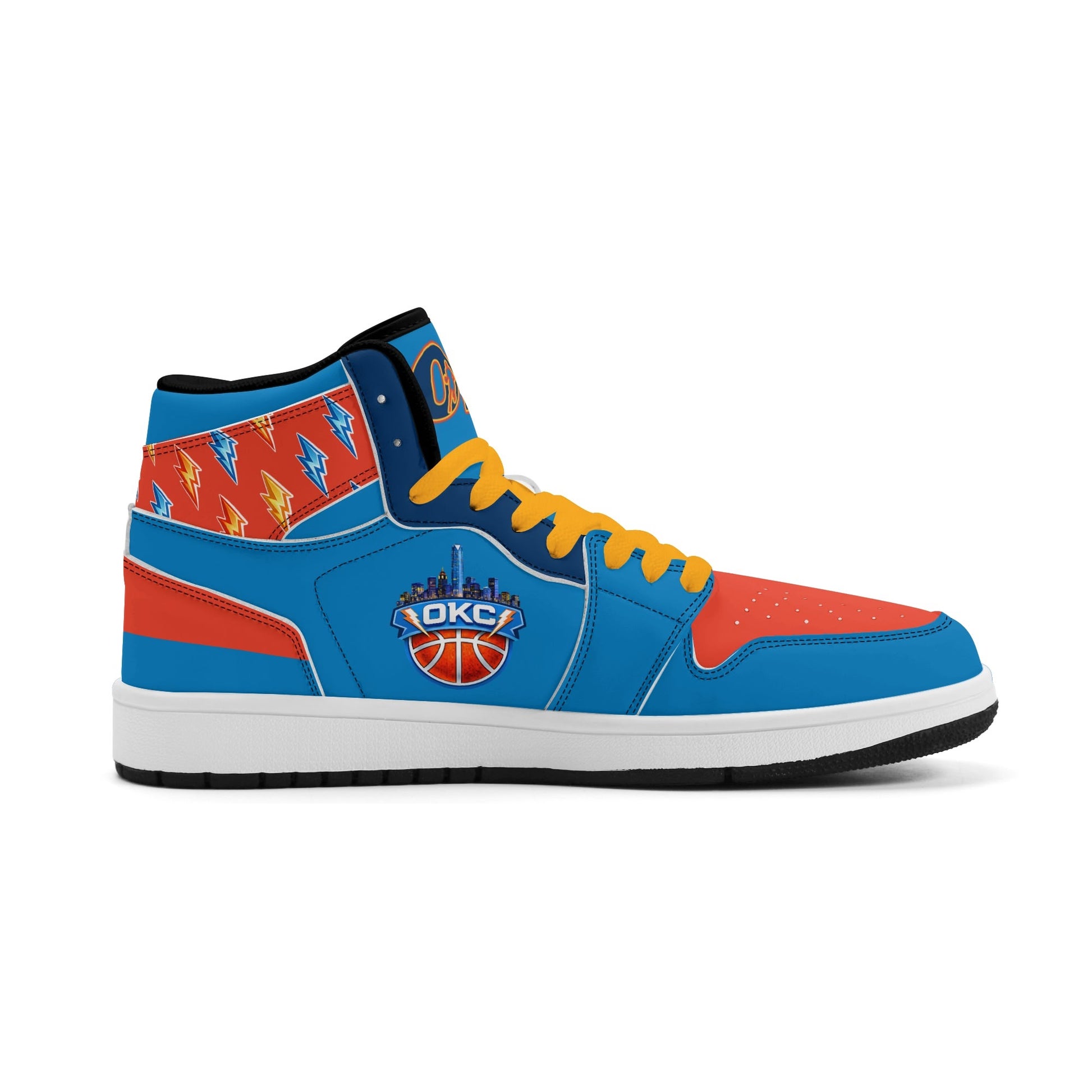 Oklahoma City basketball-inspired high top sneakers in blue with all-over city graphic printed upper