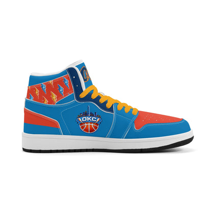 Oklahoma City basketball-inspired high top sneakers in blue with all-over city graphic printed upper