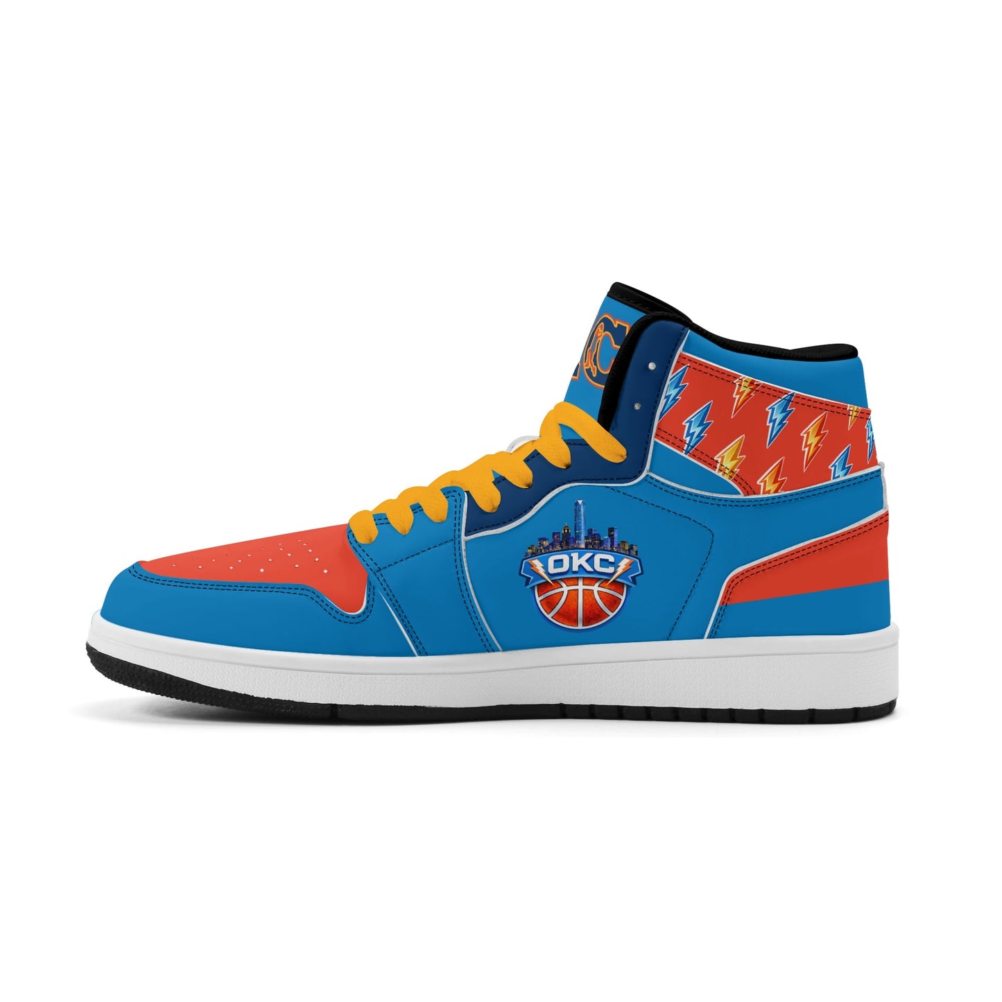 Oklahoma City basketball-inspired high top sneakers in blue with all-over city graphic printed upper