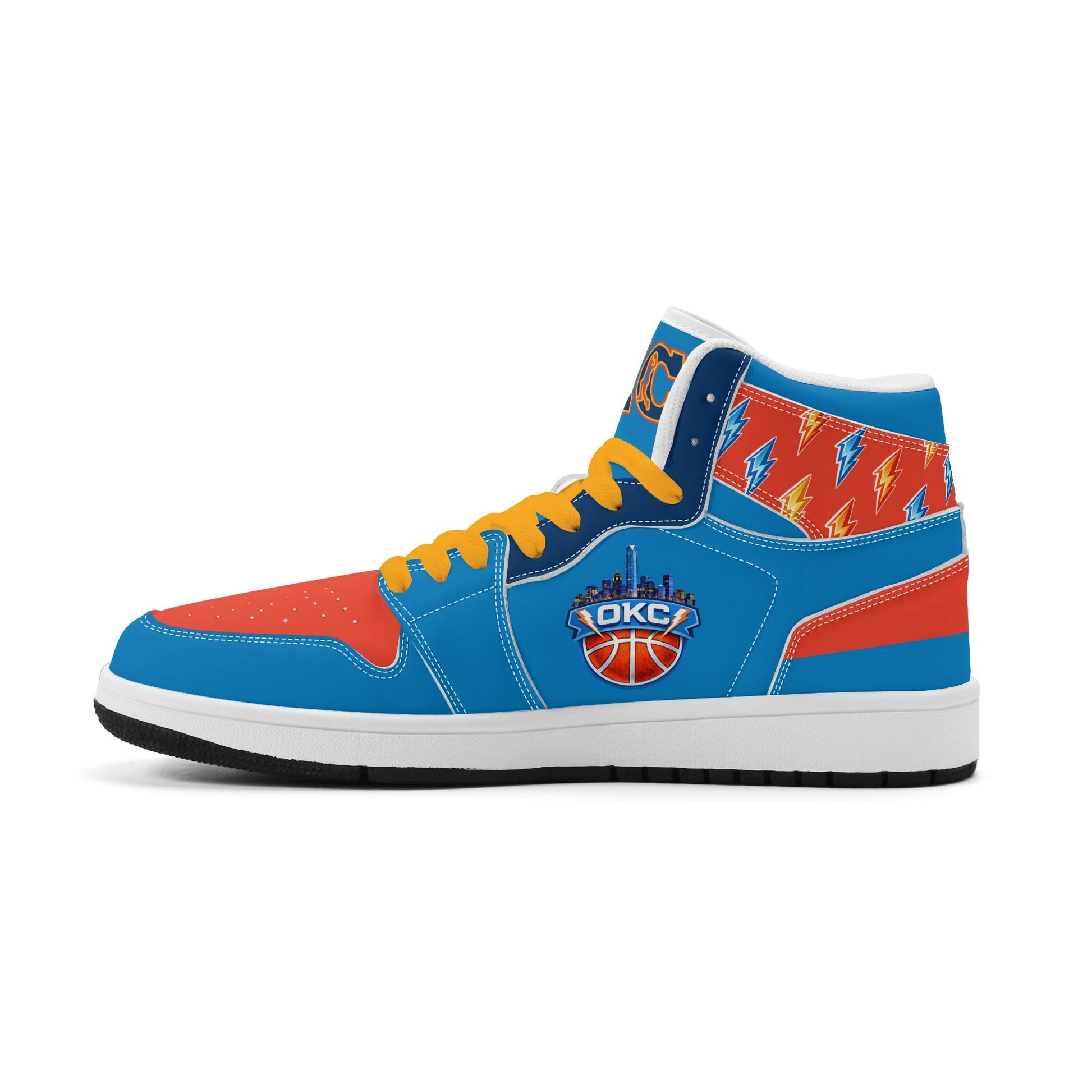 Oklahoma City basketball-inspired high top sneakers in blue with all-over city graphic printed upper
