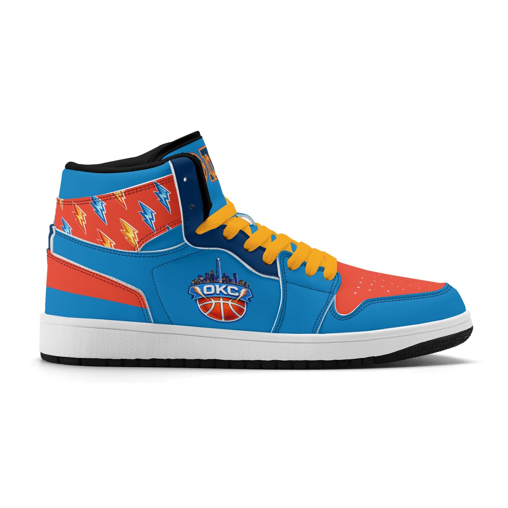 Oklahoma City basketball-inspired high top sneakers in blue with all-over city graphic printed upper