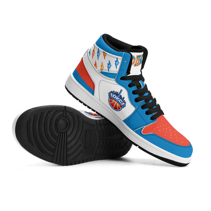 Oklahoma City basketball-inspired high top sneakers in white with all-over city graphic printed upper