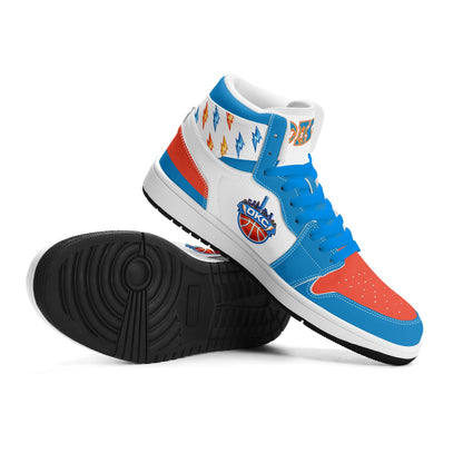 Oklahoma City basketball-inspired high top sneakers in white with all-over city graphic printed upper