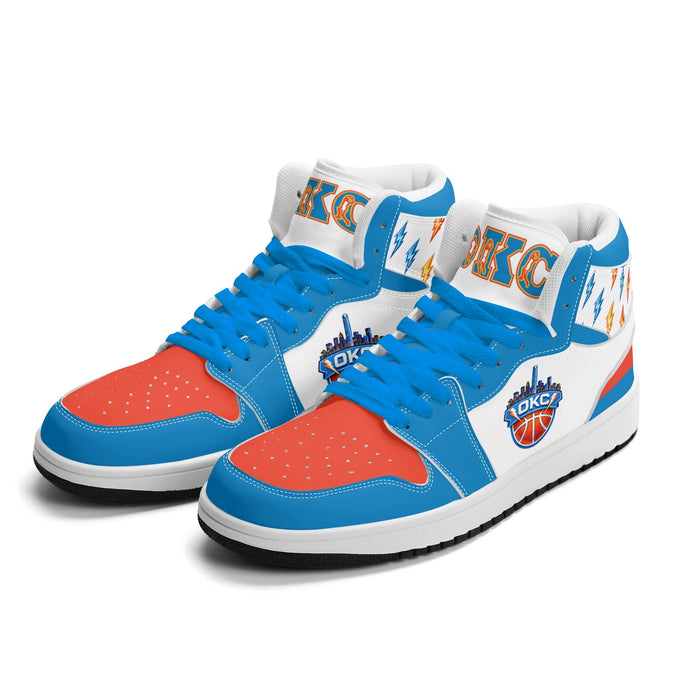 Oklahoma City basketball Jamrock High top sneakers in white, blue and orange with lightning bolt print and OKC skyline badge