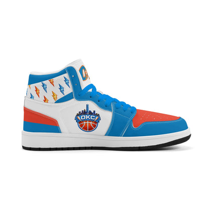 Oklahoma City basketball-inspired high top sneakers in white with all-over city graphic printed upper