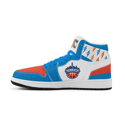 Oklahoma City basketball-inspired high top sneakers in white with all-over city graphic printed upper
