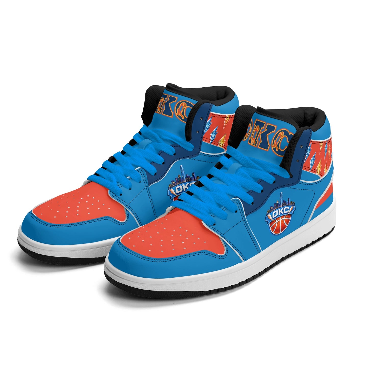 Oklahoma City basketball-inspired high top sneakers in blue with all-over city graphic printed upper