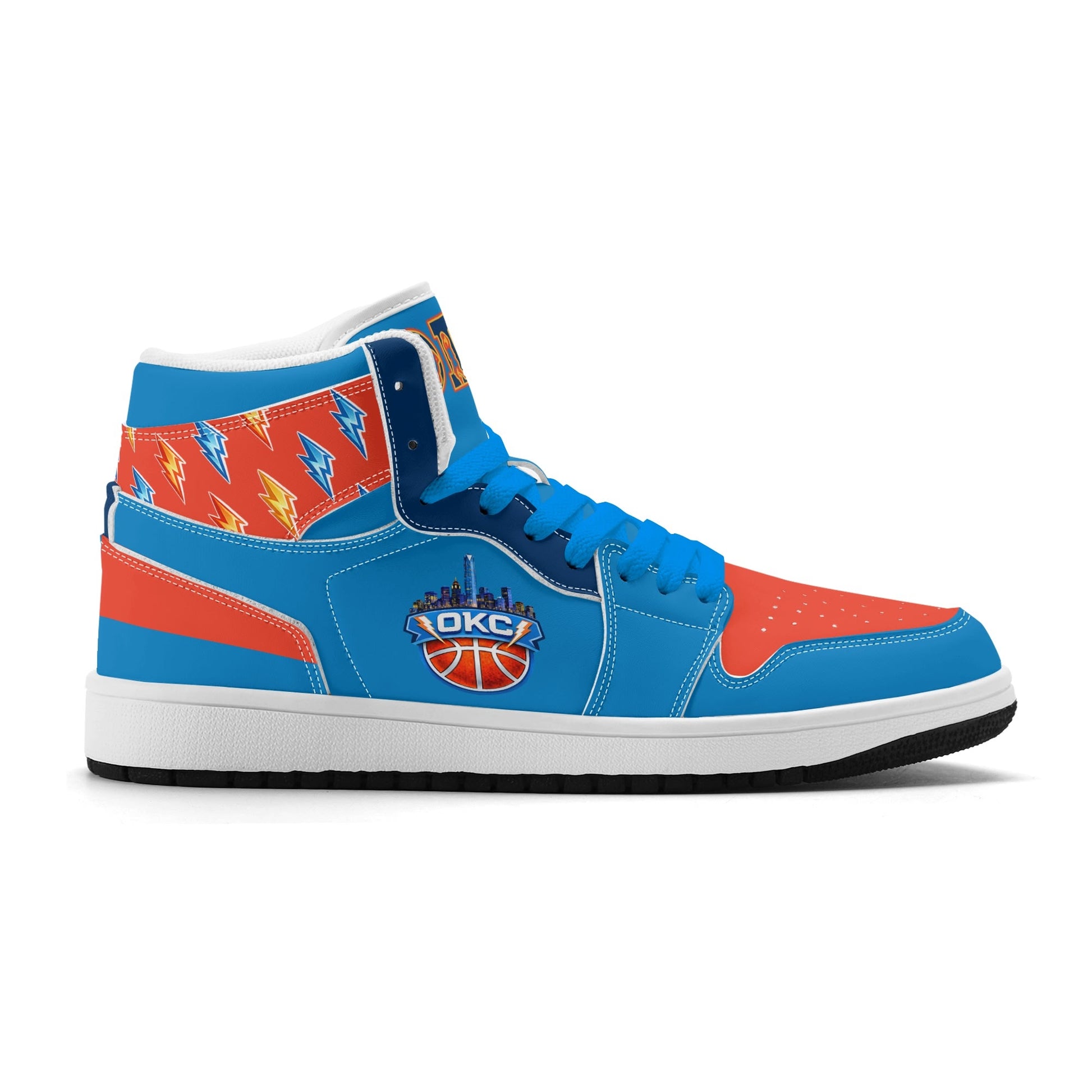 Oklahoma City basketball-inspired high top sneakers in blue with all-over city graphic printed upper