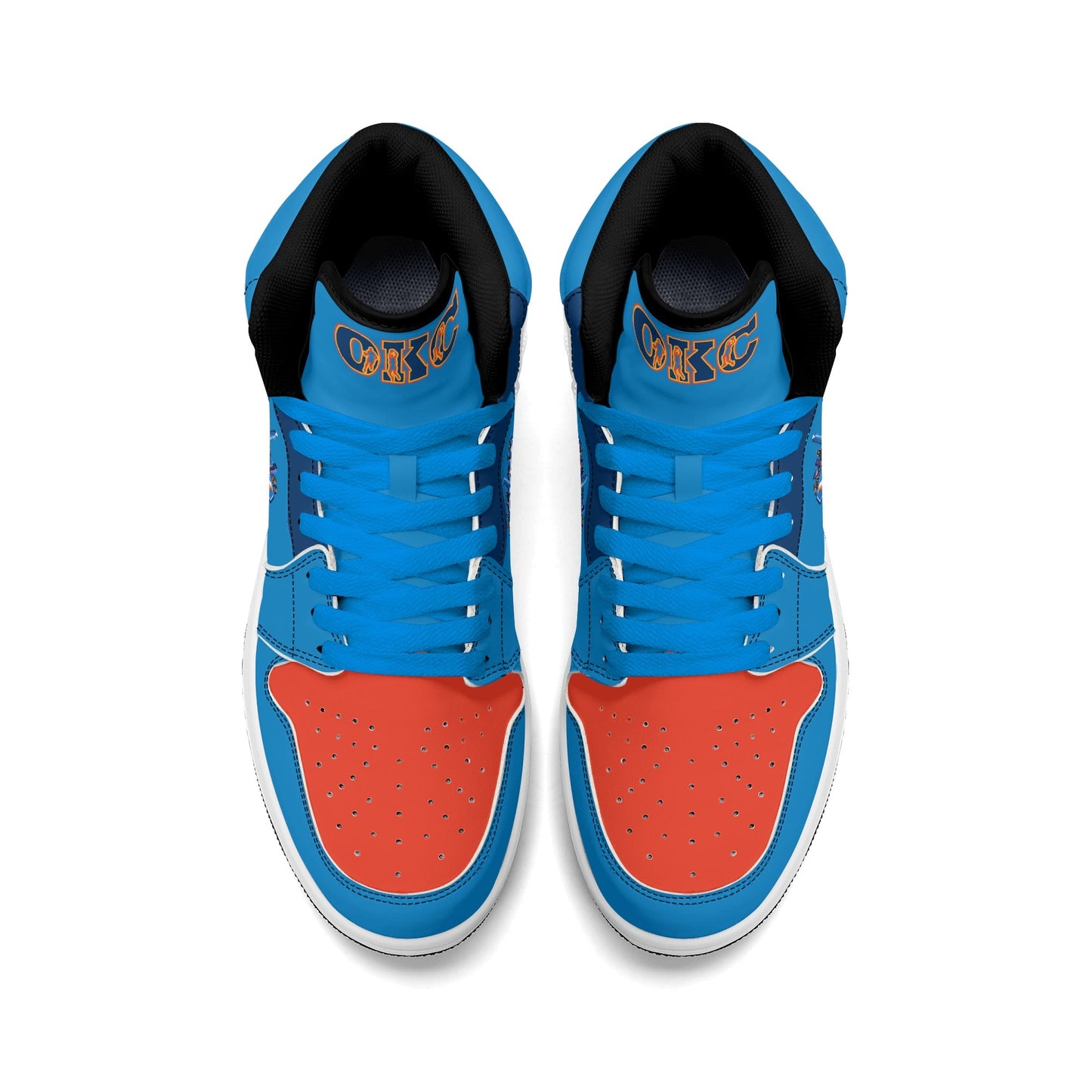 Oklahoma City basketball-inspired high top sneakers in blue with all-over city graphic printed upper