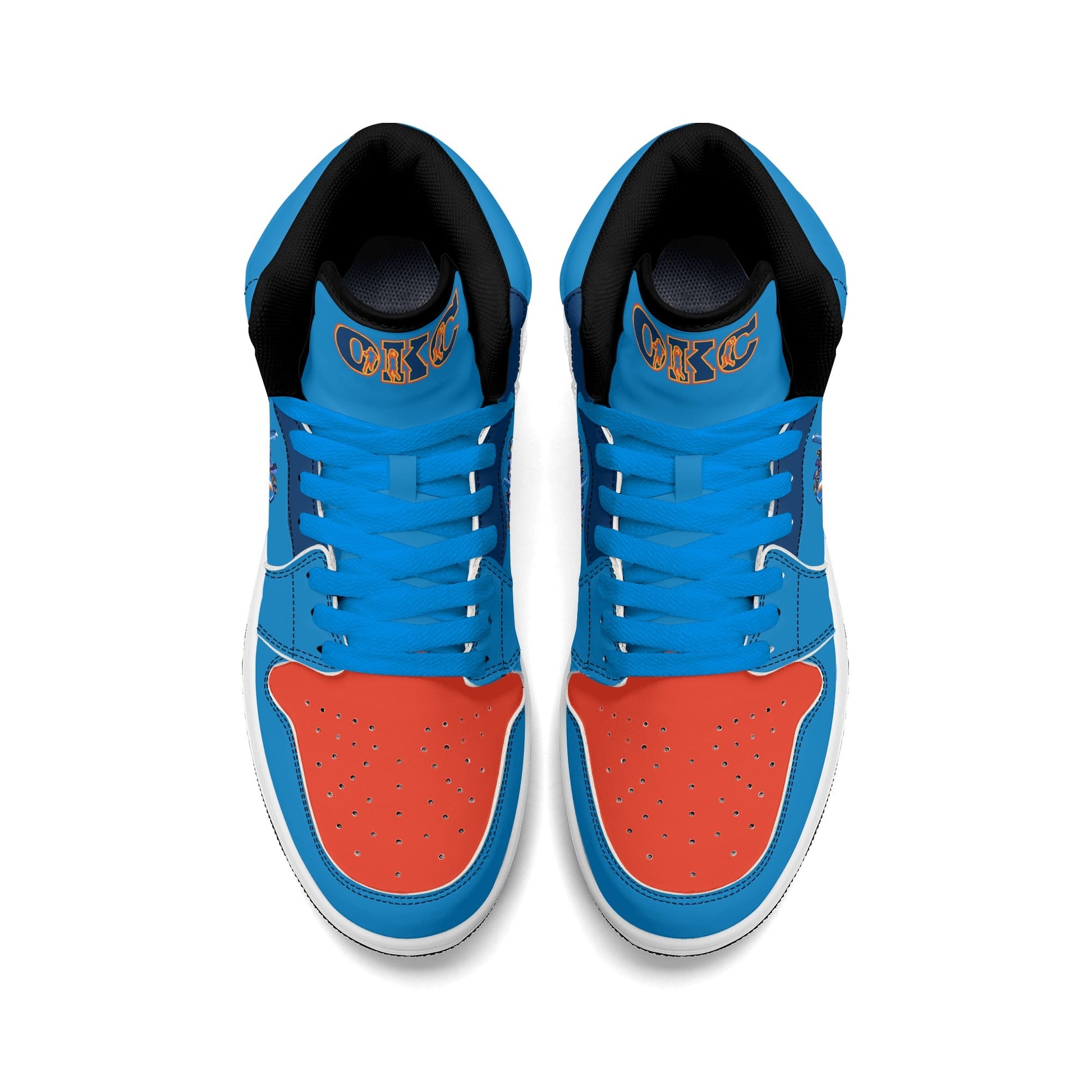 Oklahoma City basketball-inspired high top sneakers in blue with all-over city graphic printed upper