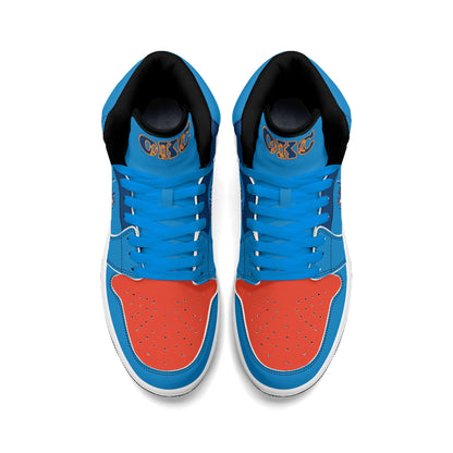 Oklahoma City basketball-inspired high top sneakers in blue with all-over city graphic printed upper