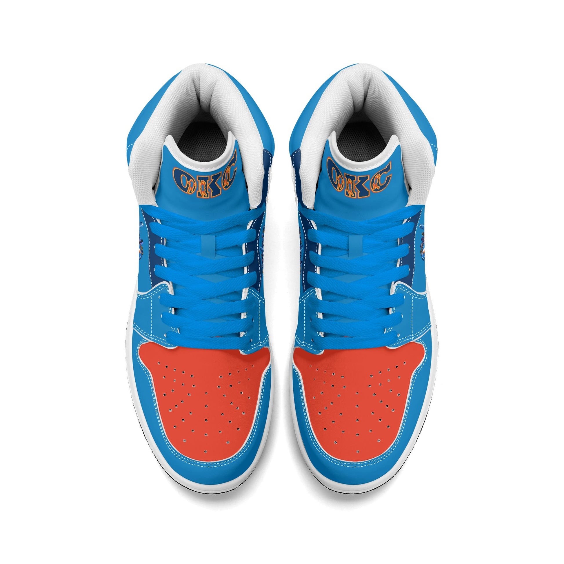 Oklahoma City basketball-inspired high top sneakers in blue with all-over city graphic printed upper