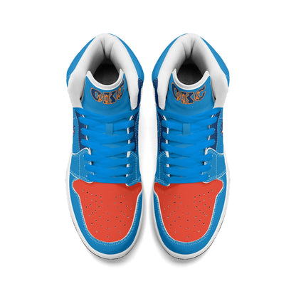 Oklahoma City basketball-inspired high top sneakers in blue with all-over city graphic printed upper