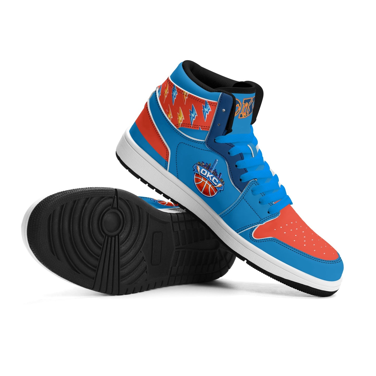 Oklahoma City basketball-inspired high top sneakers in blue with all-over city graphic printed upper