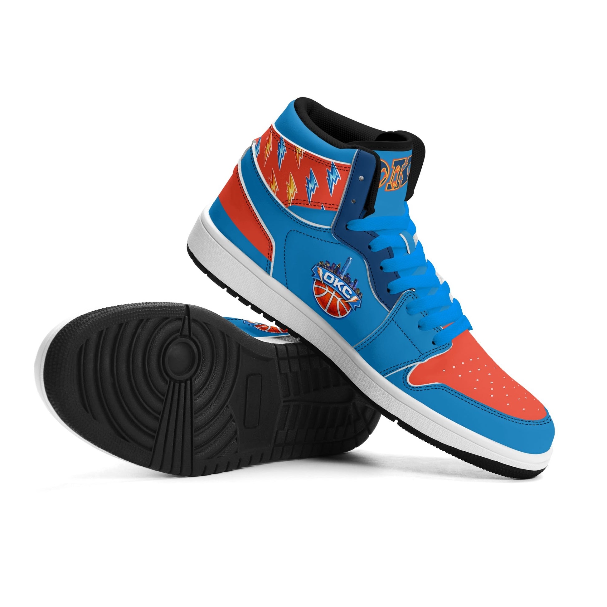 Oklahoma City basketball-inspired high top sneakers in blue with all-over city graphic printed upper