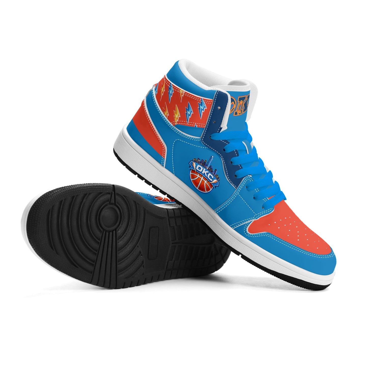 Oklahoma City basketball-inspired high top sneakers in blue with all-over city graphic printed upper