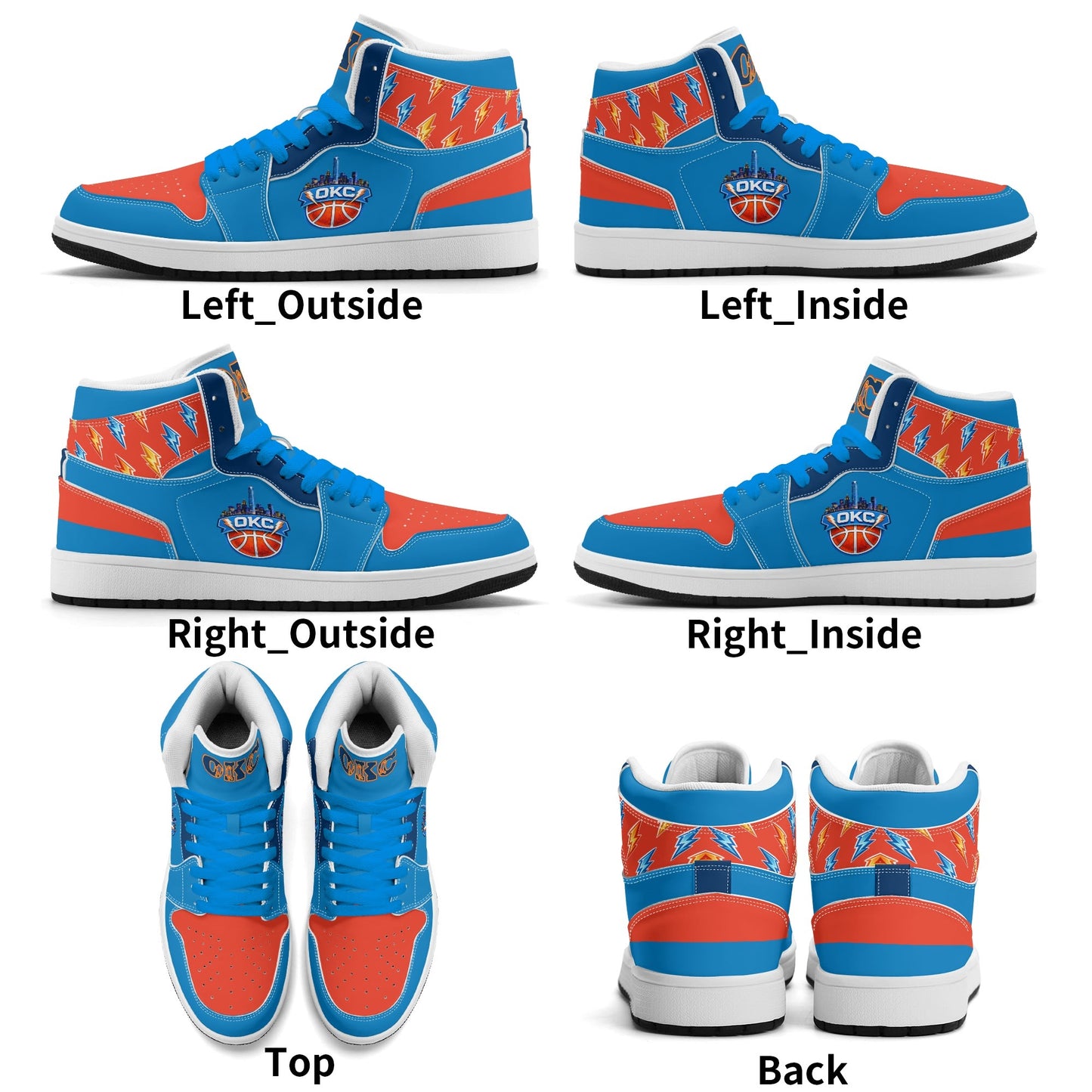 Oklahoma City basketball-inspired high top sneakers in blue with all-over city graphic printed upper