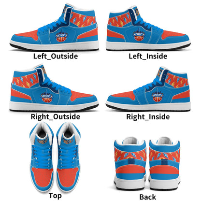 Oklahoma City basketball-inspired high top sneakers in blue with all-over city graphic printed upper