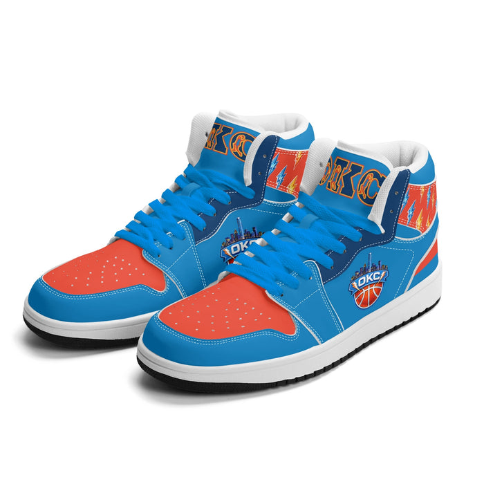 Oklahoma City basketball Jamrock High top sneakers in blue and orange with lightning bolt print and OKC skyline badge