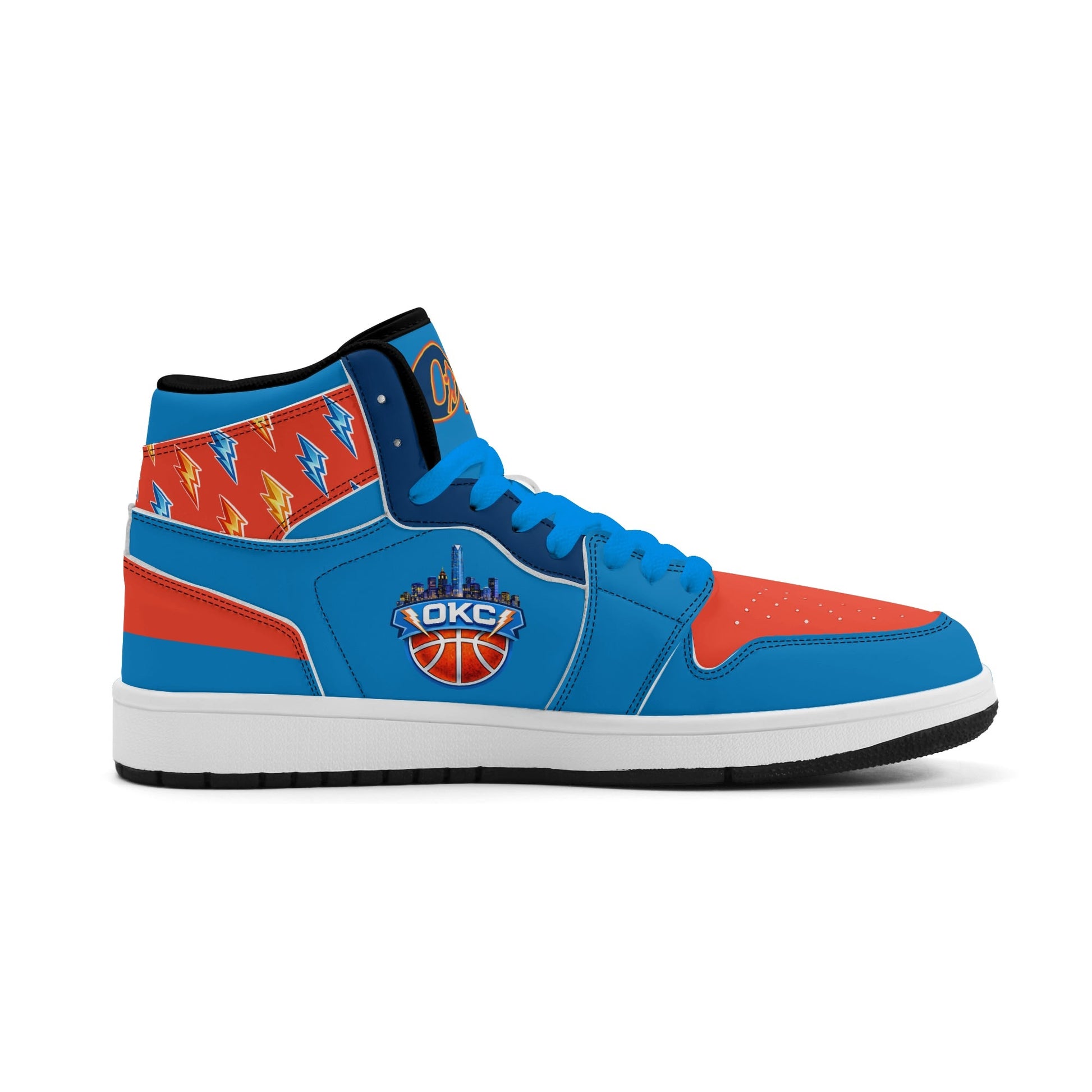 Oklahoma City basketball-inspired high top sneakers in blue with all-over city graphic printed upper