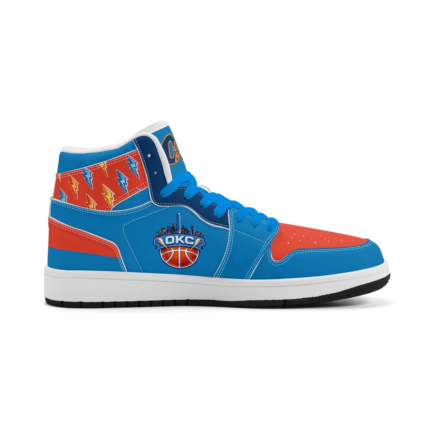 Oklahoma City basketball-inspired high top sneakers in blue with all-over city graphic printed upper