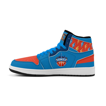 Oklahoma City basketball-inspired high top sneakers in blue with all-over city graphic printed upper