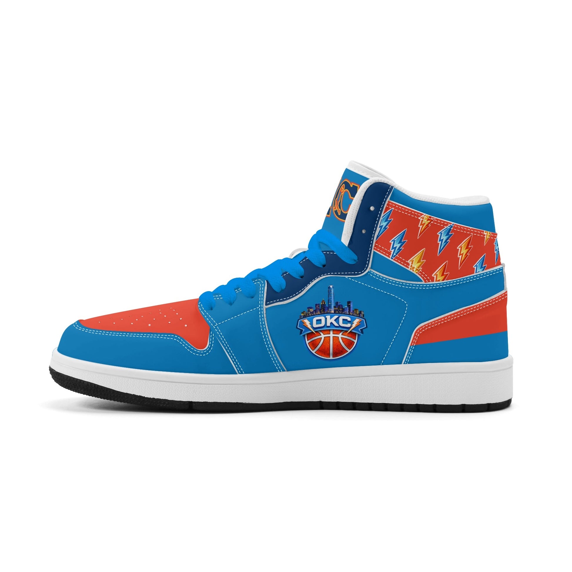 Oklahoma City basketball-inspired high top sneakers in blue with all-over city graphic printed upper