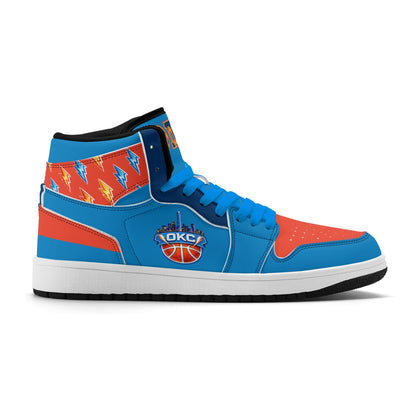 Oklahoma City basketball-inspired high top sneakers in blue with all-over city graphic printed upper