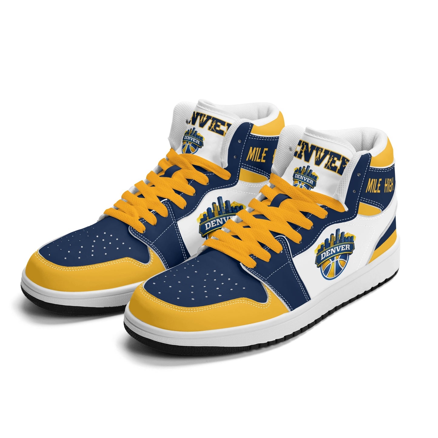 Denver basketball-inspired high top sneakers in white with all-over city graphic printed upper