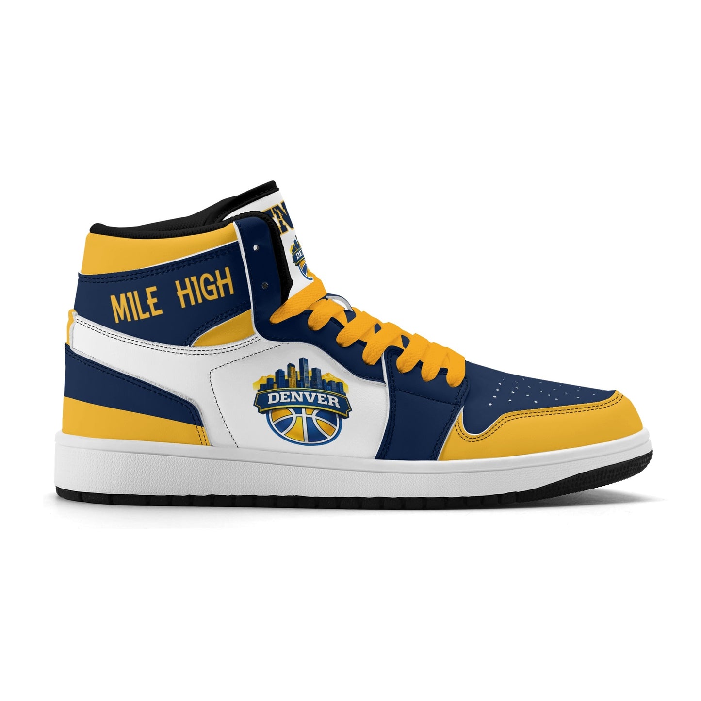 Denver basketball-inspired high top sneakers in white with all-over city graphic printed upper