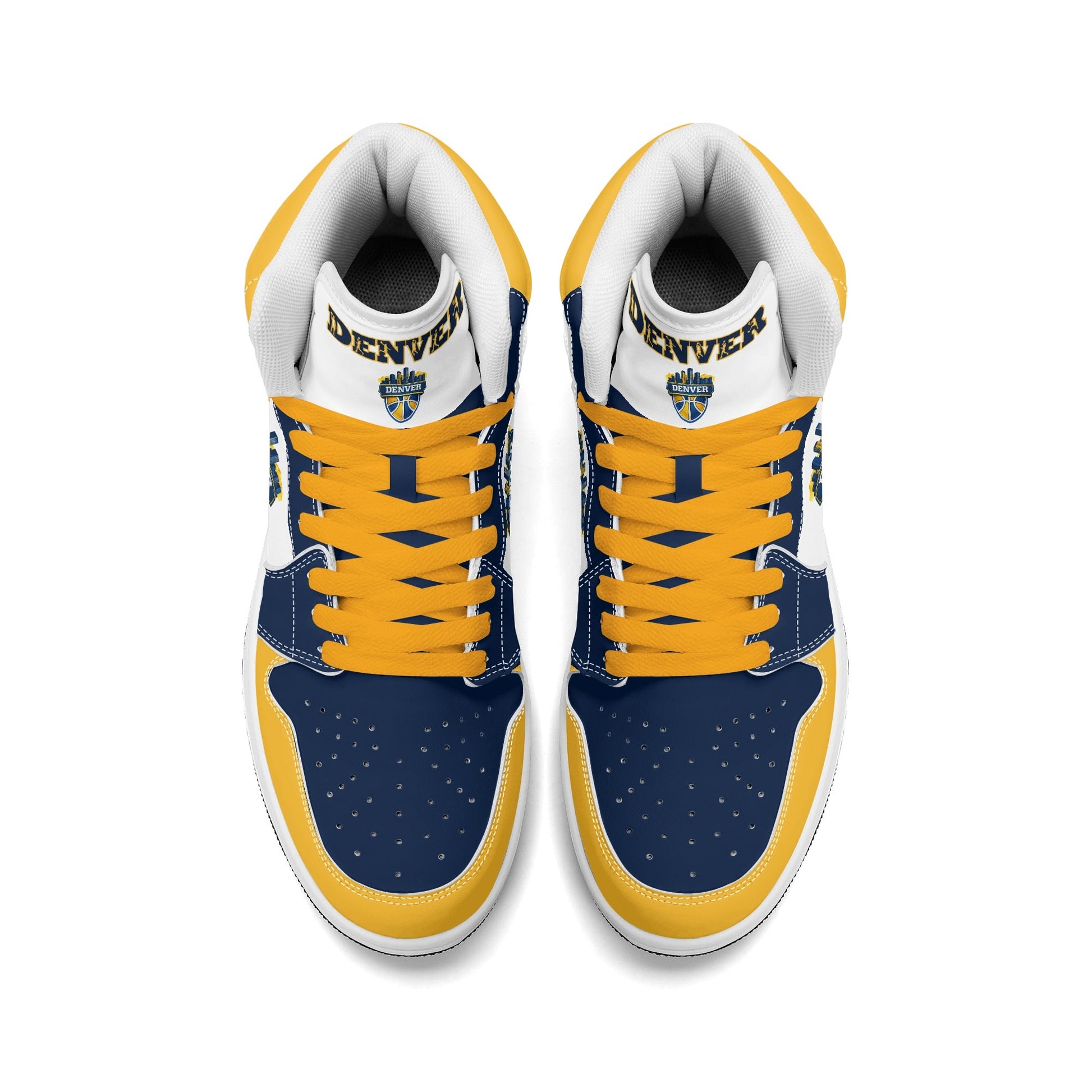 Denver basketball-inspired high top sneakers in white with all-over city graphic printed upper