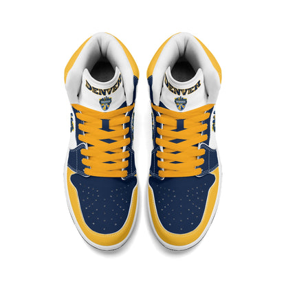 Denver basketball-inspired high top sneakers in white with all-over city graphic printed upper