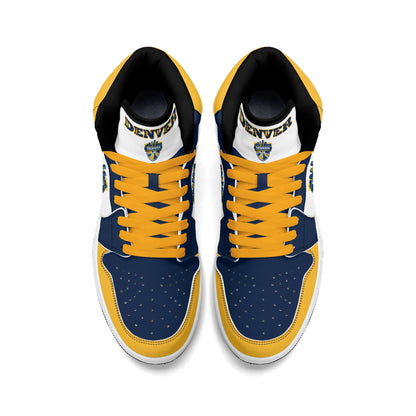 Denver basketball-inspired high top sneakers in white with all-over city graphic printed upper