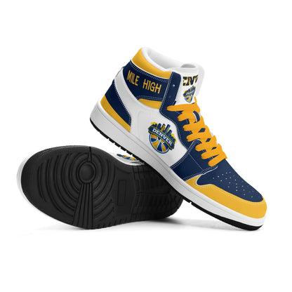 Denver basketball-inspired high top sneakers in white with all-over city graphic printed upper