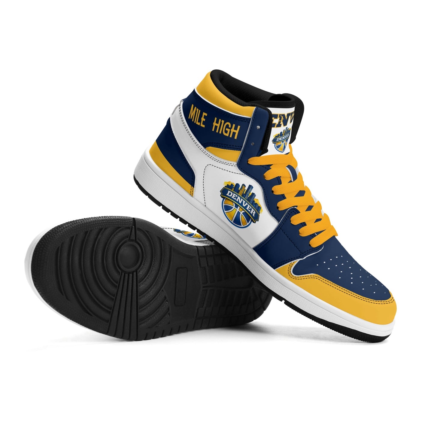 Denver basketball-inspired high top sneakers in white with all-over city graphic printed upper